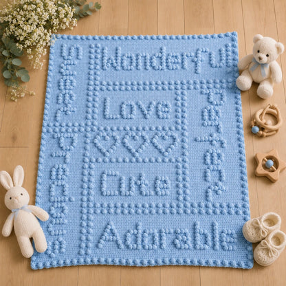 Soft blue Precious One-Piece Baby Blanket crochet pattern displayed on a wooden floor with white flowers and baby toys.