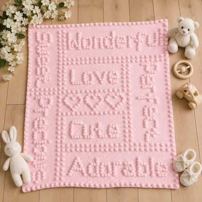 Soft pink Precious One-Piece Baby Blanket crochet pattern displayed on a wooden floor with white flowers and baby toys.