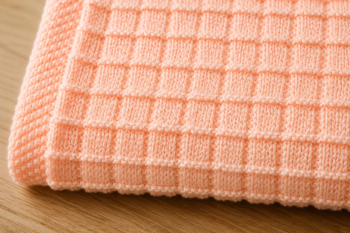 Close up of the peach Pretty Squares baby blanket showing the textured square knit pattern