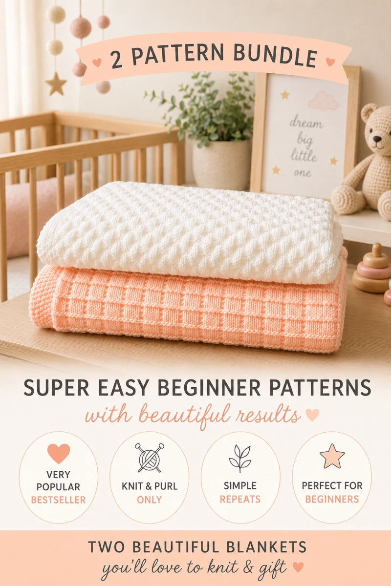 Pinterest image for the Pretty Squares and Diagonal Bumps baby blanket knitting pattern bundle in a soft nursery setting with beginner friendly knit and purl blanket designs