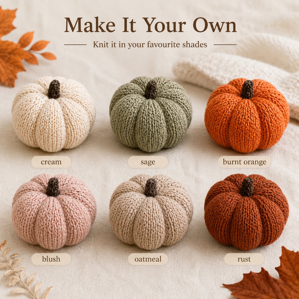 Colour options for worked flat pumpkin knitting pattern in cream, sage, burnt orange, blush, oatmeal and rust shades by Peach Unicorn Designs