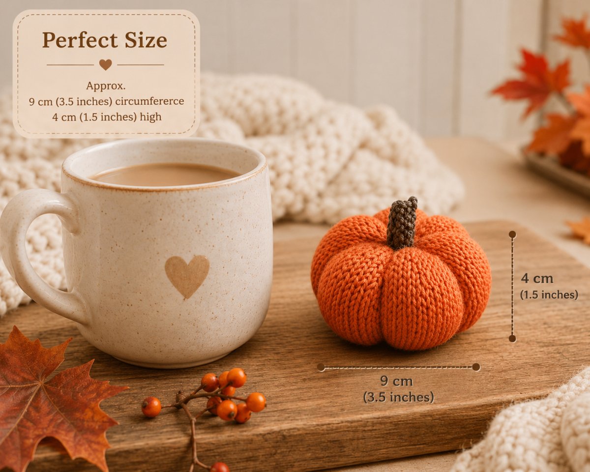 Knitted Halloween pumpkin decoration size guide for a flat knitting pattern with finished measurements