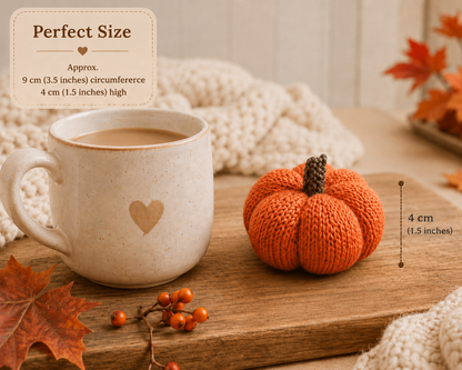 Orange knitted pumpkin beside a mug with finished measurements of 9cm circumference and 4cm high