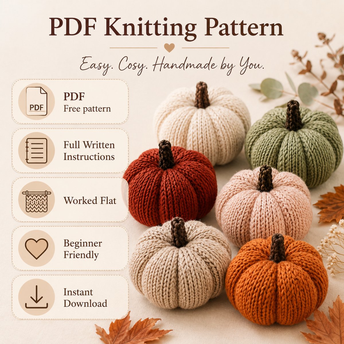 Knitted pumpkin pattern worked flat with pumpkins in cream, sage, blush, oatmeal, rust and burnt orange shades, beginner friendly PDF digital download by Peach Unicorn Designs