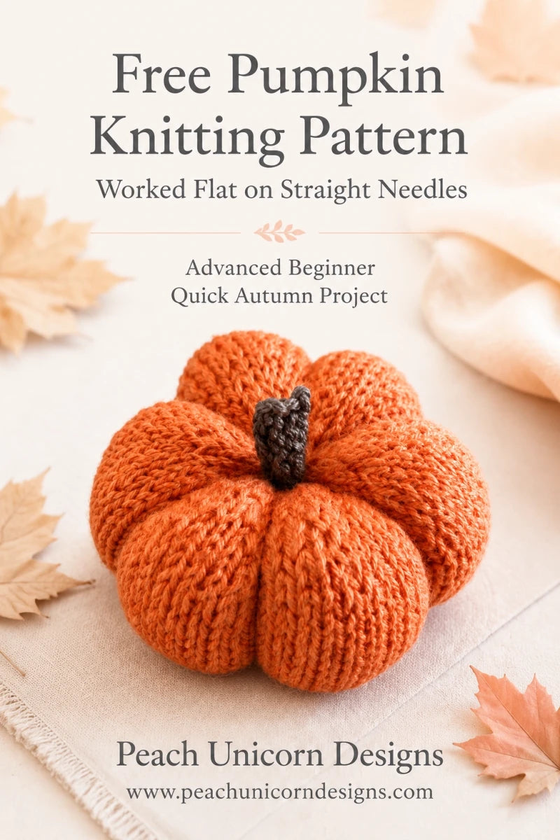 Free pumpkin knitting pattern worked flat on straight needles for advanced beginners by Peach Unicorn Designs