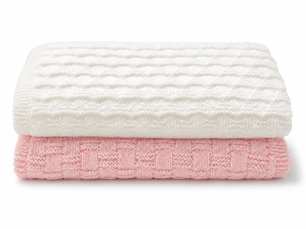Pyramids and Stepping Stones easy baby blanket knitting pattern bundle in white and pink