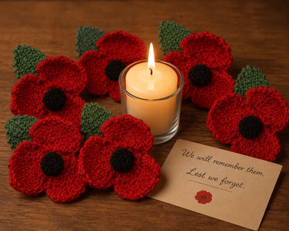 Knitted remembrance poppies arranged around a memorial candle with remembrance message card