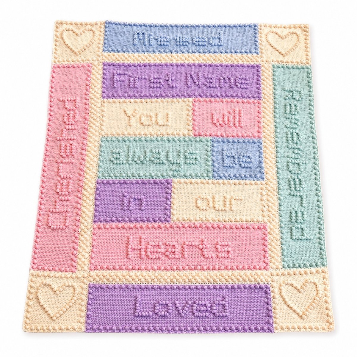 Personalised remembrance crochet blanket with meaningful puff stitch wording