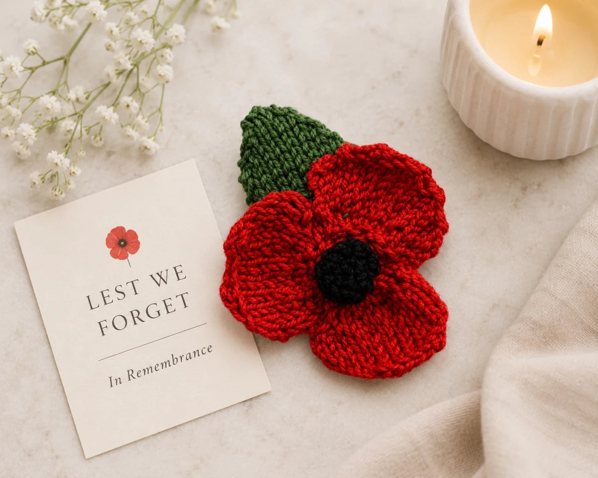 Knitted remembrance poppy beside a Lest We Forget card and candle on a soft neutral background