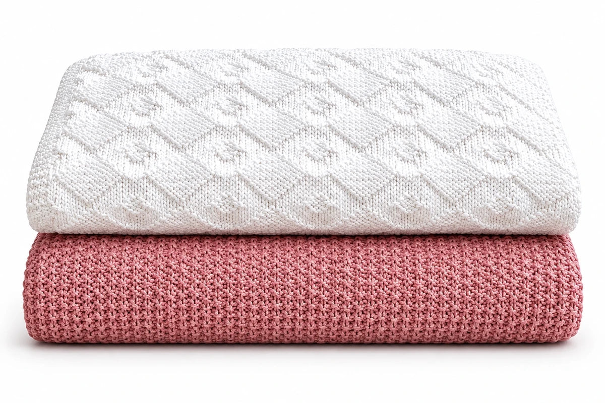 Rice Stitch and Diamonds Are Forever beginner baby blanket knitting pattern bundle in white and pink