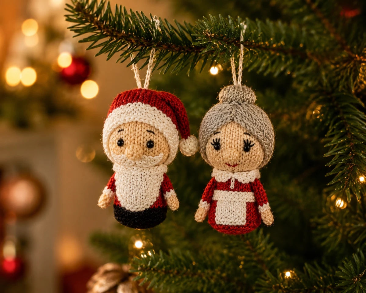 Knitted Santa and Mrs Claus Christmas tree decorations hanging from a festive branch with twinkling lights