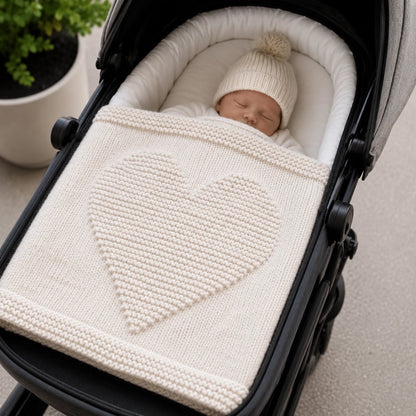Sleeping baby in a pram covered with the Simple Chunky Heart Baby Blanket showing the raised heart design and cosy super chunky texture