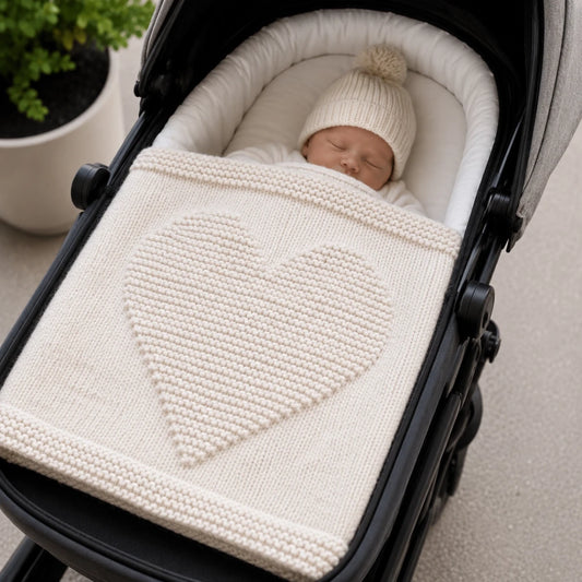 Sleeping baby in a pram covered with the Simple Chunky Heart Baby Blanket showing the raised heart design and cosy super chunky texture