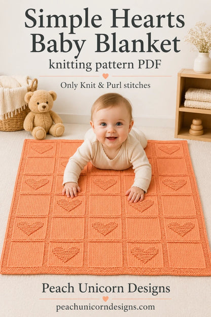 Simple Hearts Baby Blanket knitting pattern with baby having tummy time on a heart motif blanket made using knit and purl stitches only.