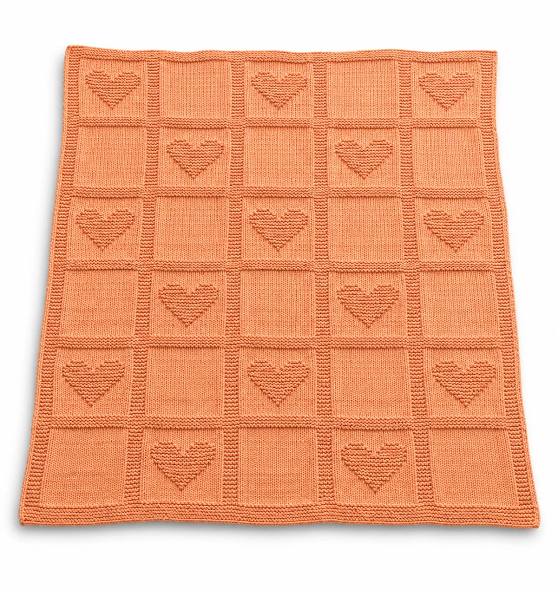 Peach Simple Hearts Baby Blanket knitting pattern featuring alternating heart and plain squares