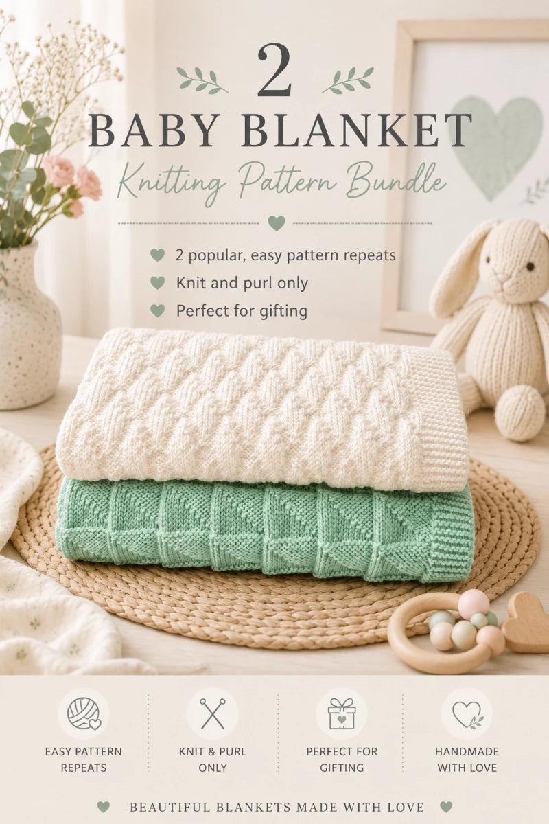 Pinterest image for Simple Triangles and Dazzling Diamonds baby blanket knitting pattern bundle featuring mint green and white knitted blankets in a soft nursery scene with easy knit and purl pattern details