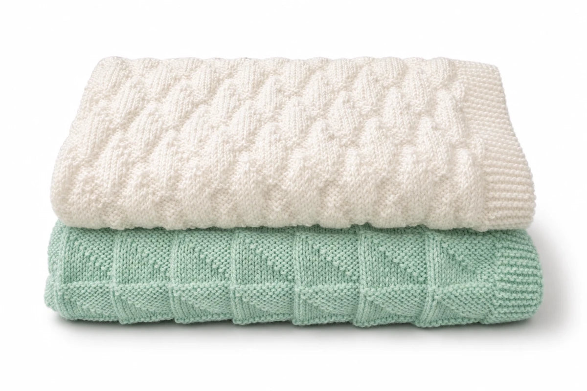 Simple Triangles and Dazzling Diamonds beginner baby blanket knitting pattern bundle in mint and white