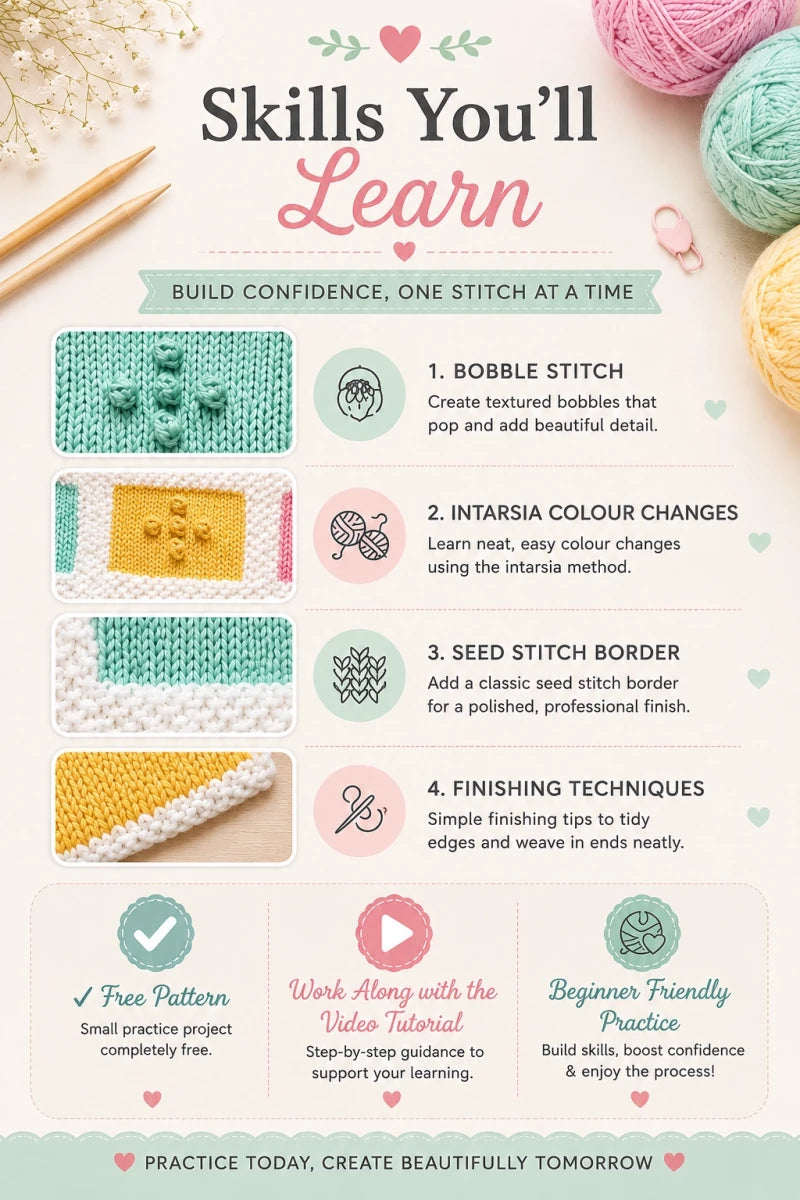 Skills taught by the free intarsia and bobble stitch practice knitting pattern, including colour changes, seed stitch and finishing