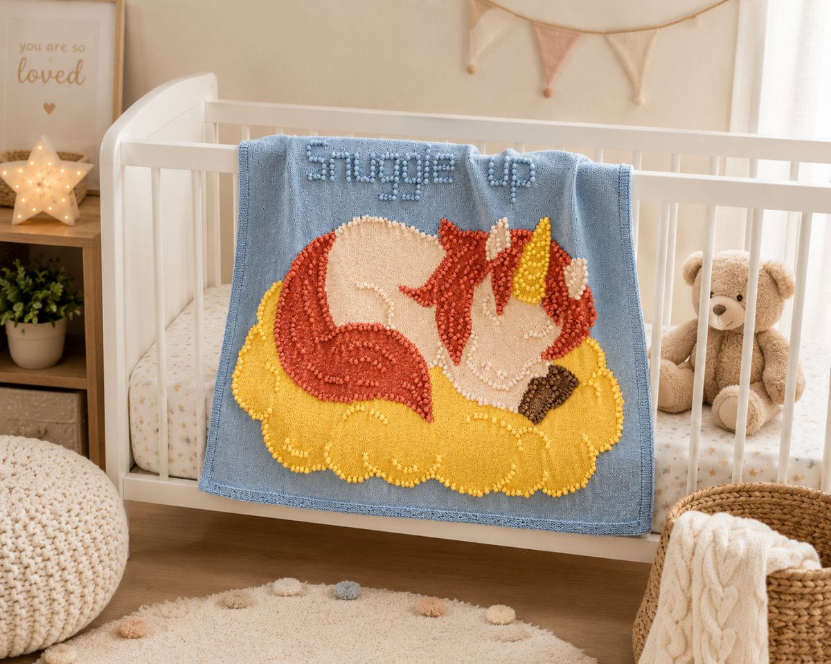 Sleeping Peach Unicorn baby blanket knitting pattern draped over a white nursery cot with teddy bear and soft pastel nursery décor
