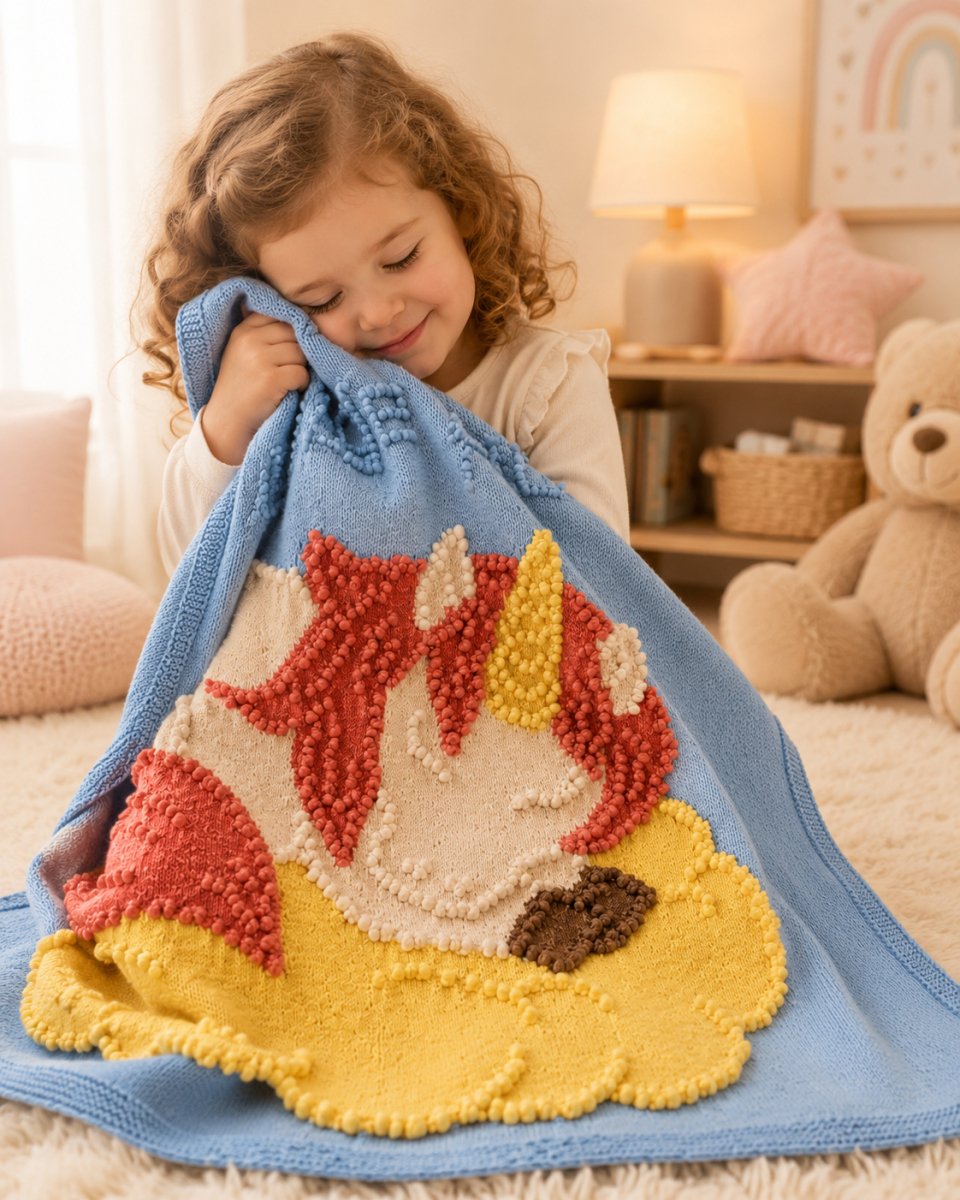 Toddler cuddling the Sleeping Peach Unicorn toddler blanket knitting pattern in a cosy pastel nursery with teddy bear and soft lighting