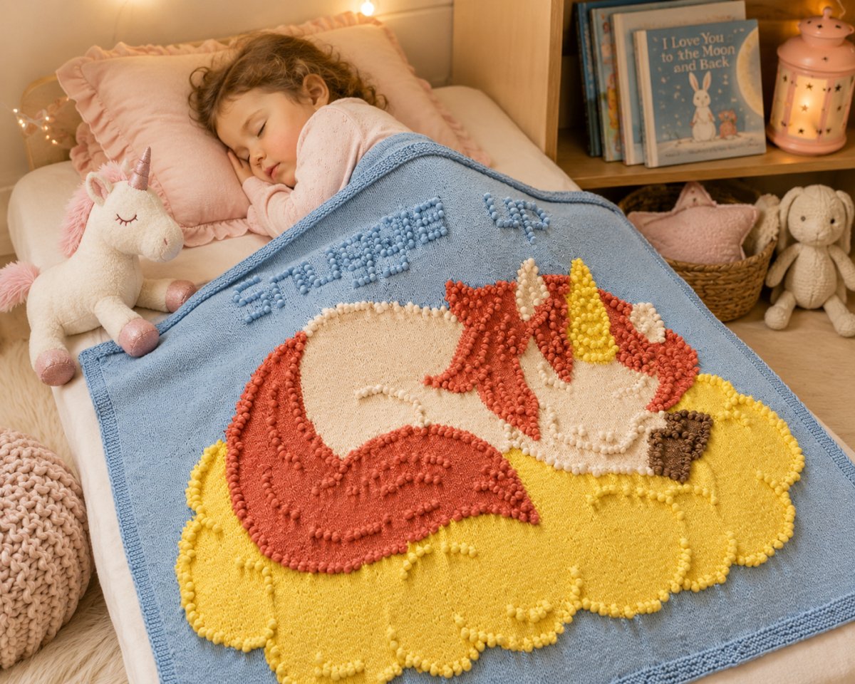Toddler sleeping under the Sleeping Peach Unicorn toddler blanket knitting pattern with plush unicorn toy in a cosy pastel nursery bedroom