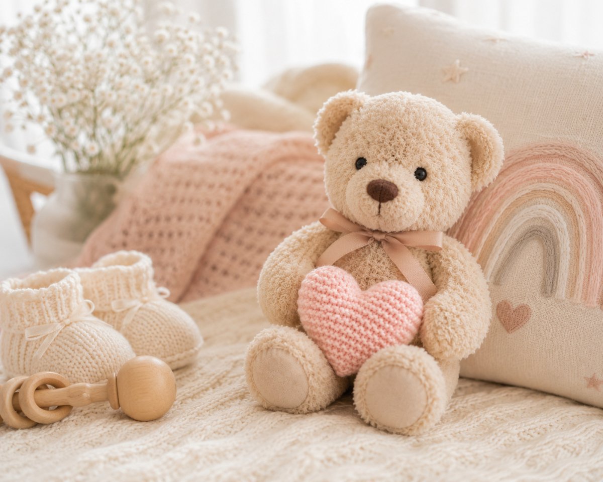 Small pink knitted heart beside teddy bear in pastel nursery setting