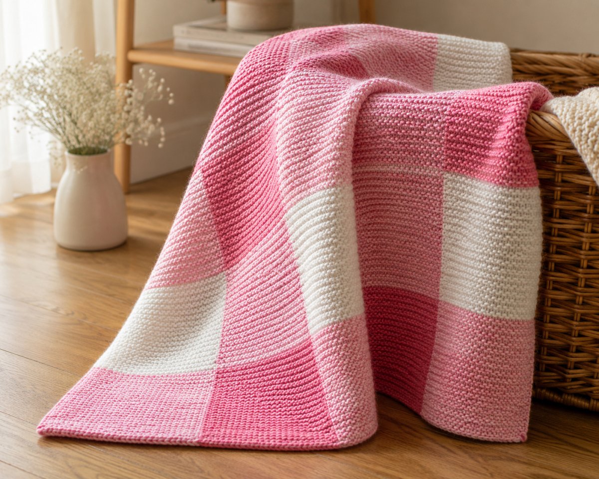 Softly draped pink and white Gingham Baby Blanket showing its knitted texture and checked design