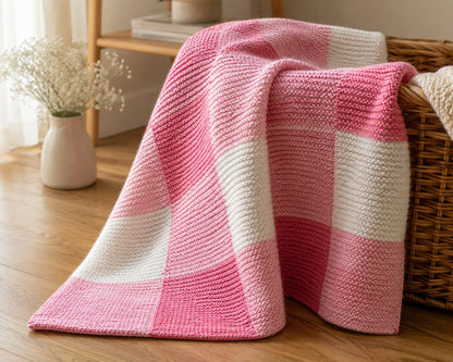 Soft draped gingham baby blanket showing beginner friendly garter stitch texture