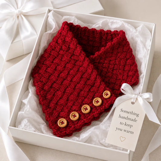 Sparkling Basketweave Neckwarmer knitting pattern presented in a luxury gift box with white tissue paper, satin ribbon and handmade gift tag.