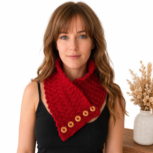 Woman wearing the Sparkling Basketweave Neckwarmer knitting pattern featuring basketweave texture, decorative buttons and a cosy fitted design.