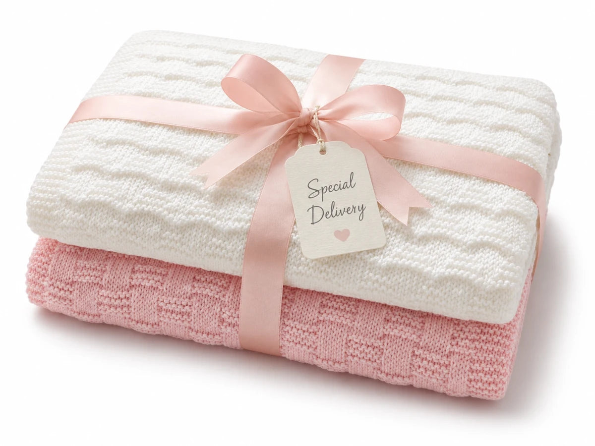 Gift wrapped white and pink baby blanket knitting pattern bundle with pastel ribbon and Special Delivery gift tag on a white background