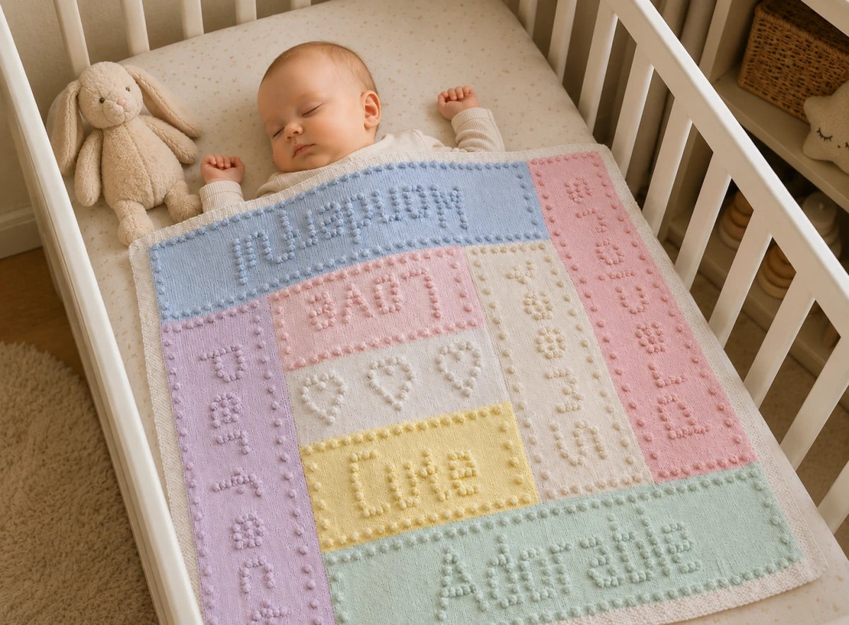 Sleeping baby covered with Sweet Dreams bobble stitch word baby blanket knitting pattern
