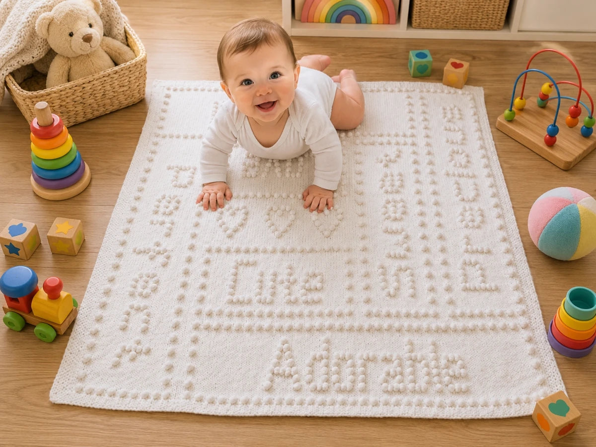 Baby playing on all white Sweet Dreams bobble stitch word baby blanket knitting pattern