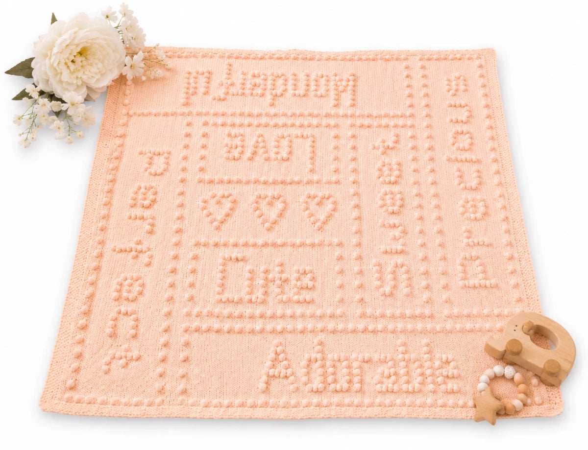 Sweet Dreams baby blanket knitting pattern in soft peach with bobble stitch wording