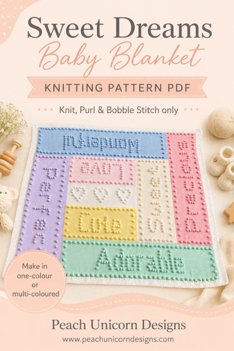 Sweet Dreams baby blanket knitting pattern PDF featuring bobble stitch words blanket for babies