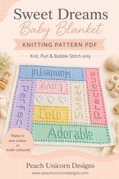 Sweet Dreams baby blanket knitting pattern PDF featuring bobble stitch words blanket for babies