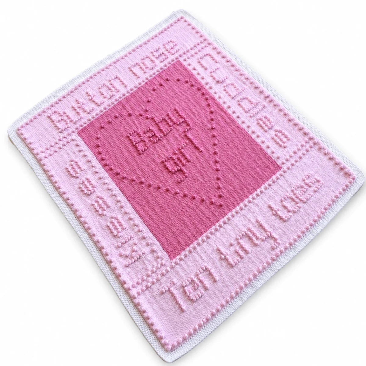 Ten Tiny Toes Baby Girl blanket knitting pattern with bobble-stitch wording and heart motif