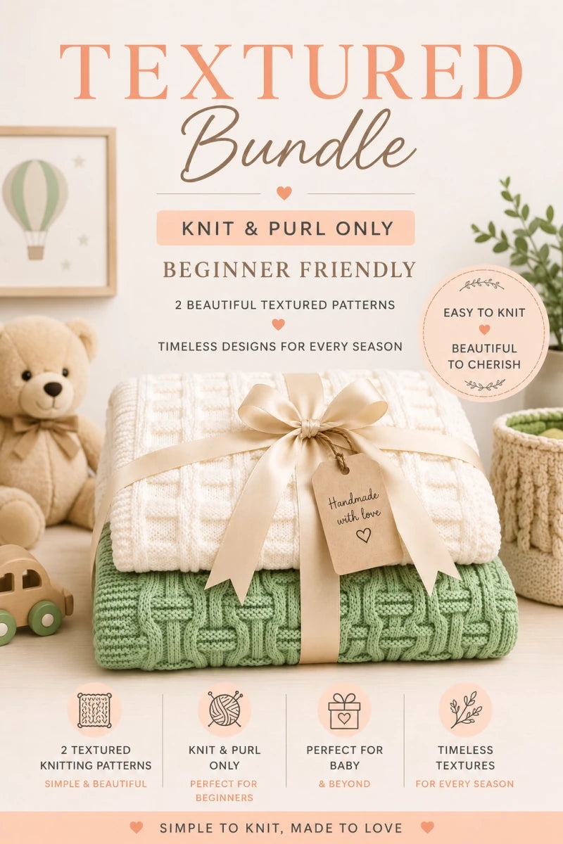 Pinterest image for textured baby blanket knitting pattern bundle featuring beginner-friendly knit and purl only blanket designs in soft cream and sage green with gift wrapped presentation in a cosy nursery setting