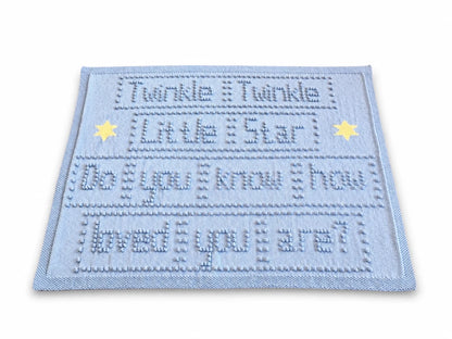 Twinkle Twinkle Little Star baby blanket knitting pattern with bobble stitch words and intarsia stars
