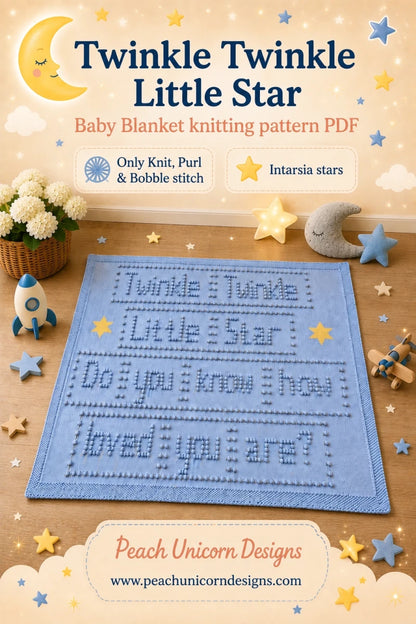 Twinkle Twinkle Little Star baby blanket knitting pattern PDF with bobble text and intarsia stars