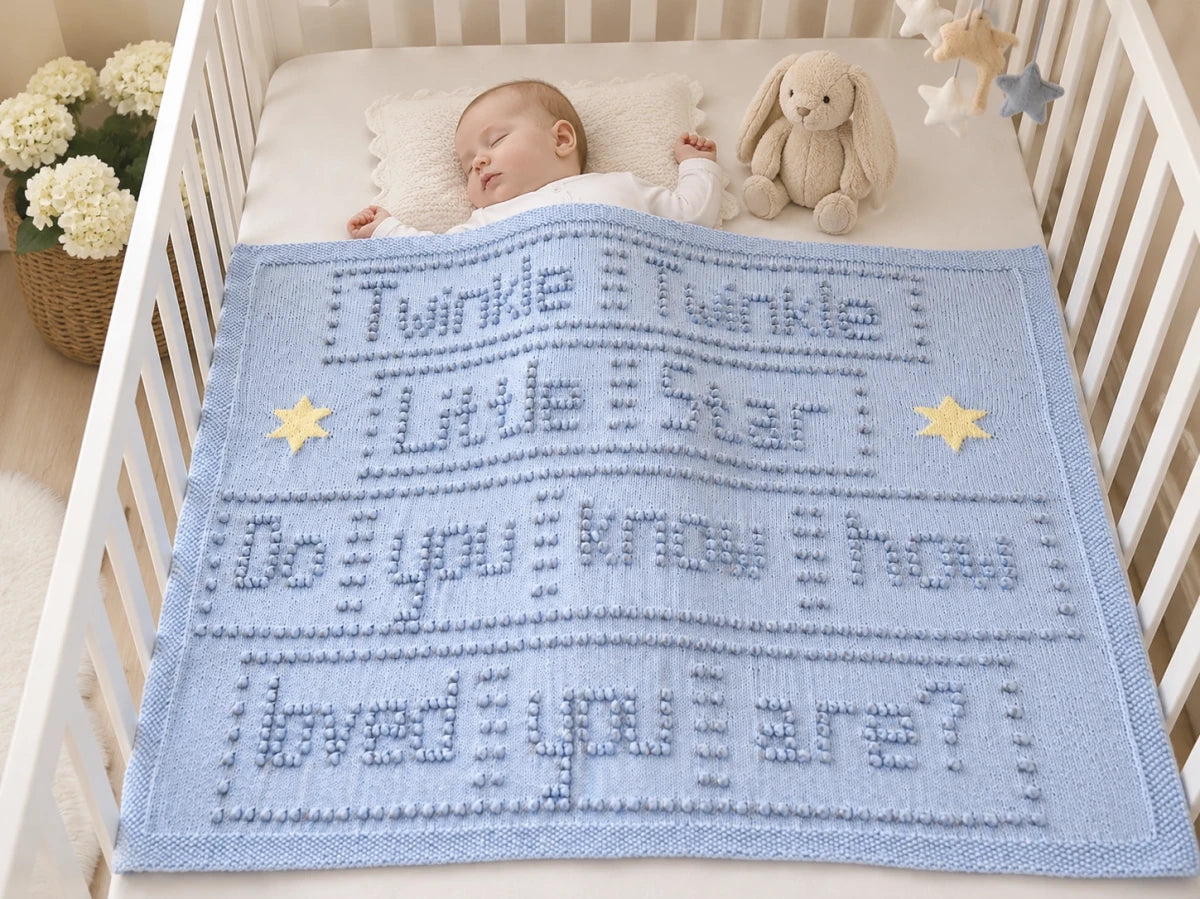 Sleeping baby covered with Twinkle Twinkle Little Star knitted baby blanket in nursery cot