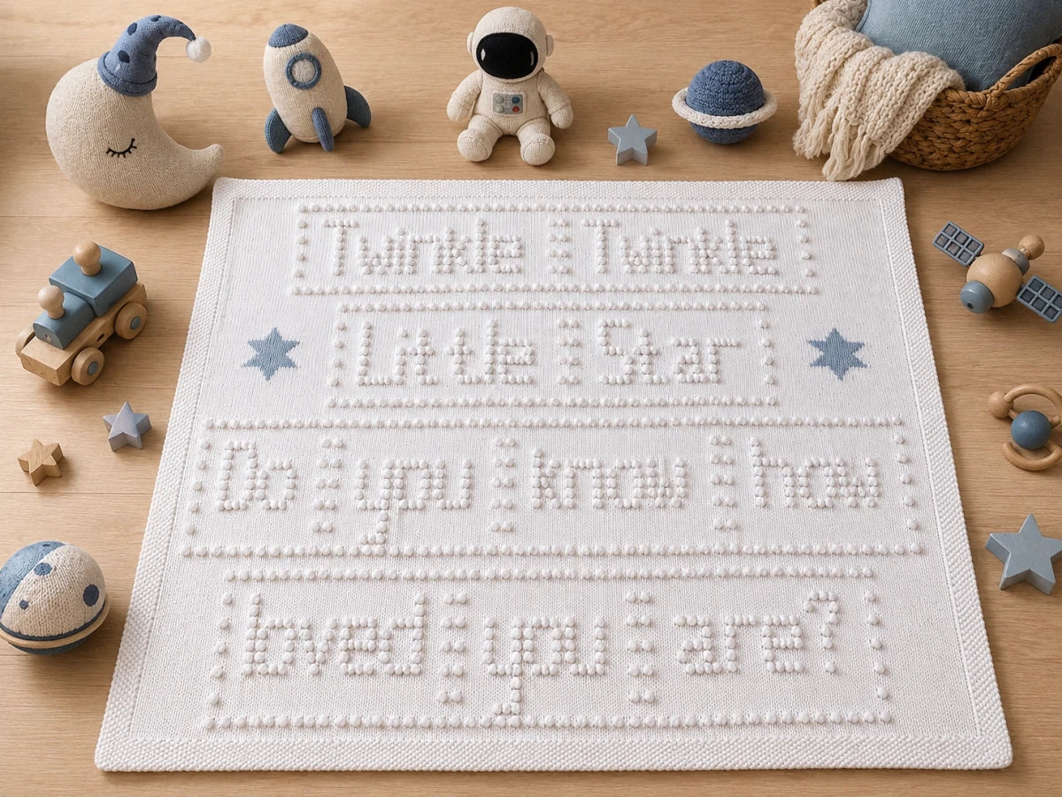 Twinkle Twinkle Little Star baby blanket knitting pattern shown in all-white colourway with blue stars and space toys