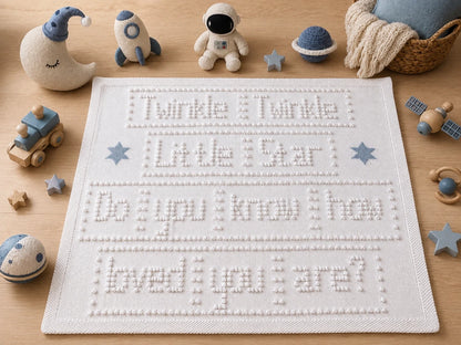 Twinkle Twinkle Little Star baby blanket knitting pattern shown in all-white colourway with blue stars and space toys