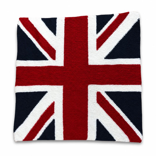 Union Jack Flag Lap Blanket knitting pattern shown on a white background with soft shadow, featuring the British Union Jack flag design.