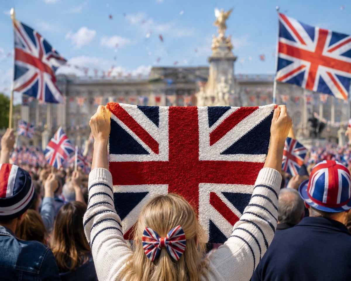 Girl holding a knitted Union Jack lap blanket in a British celebration crowd