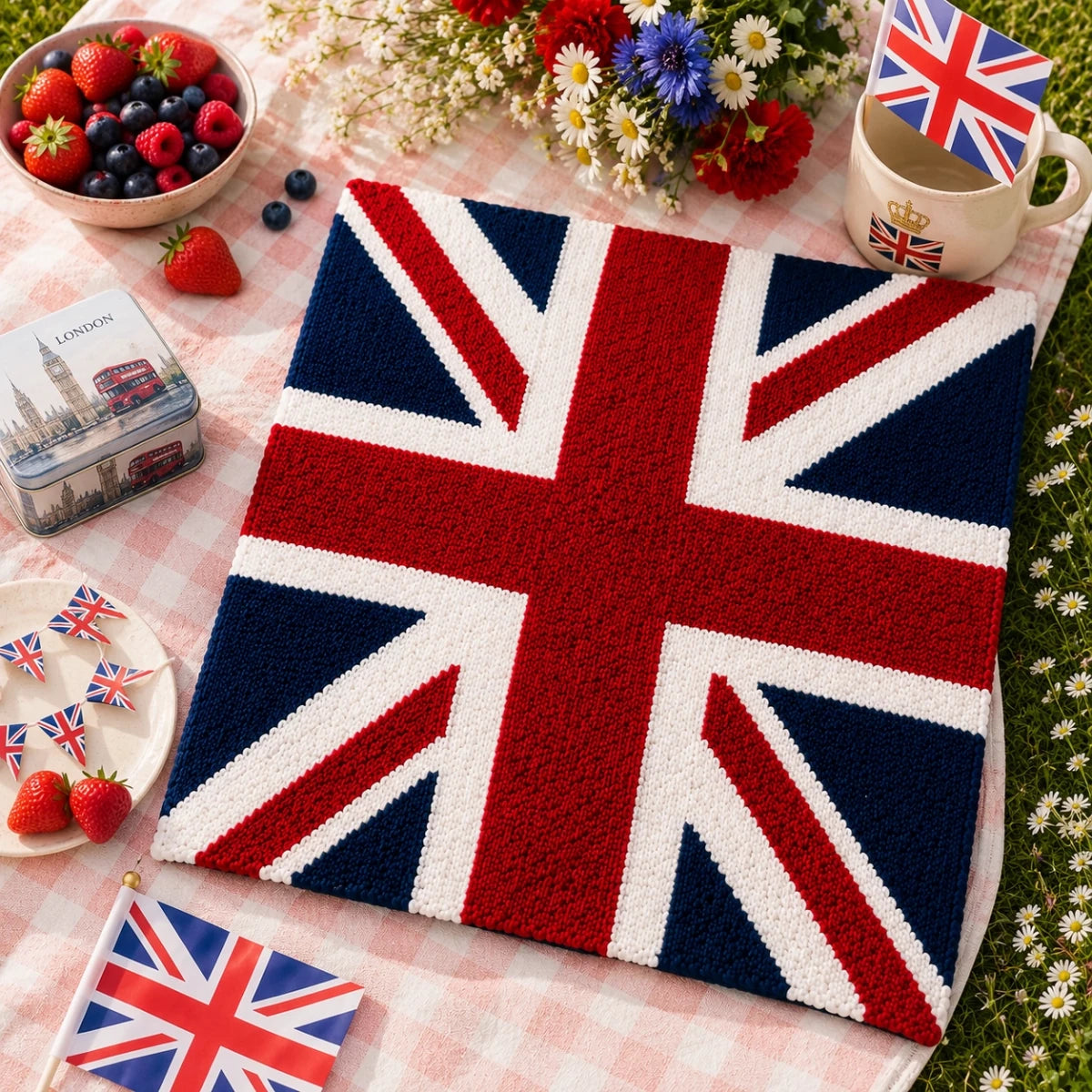 Knitted Union Jack lap blanket displayed at a summer picnic