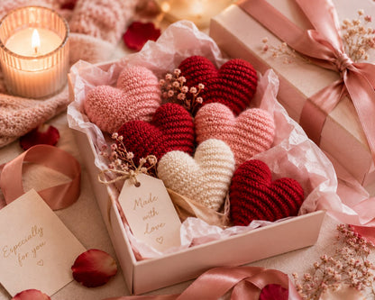 Luxury Valentine gift box filled with red, blush pink and cream knitted hearts surrounded by tissue paper, ribbon and dried flowers.