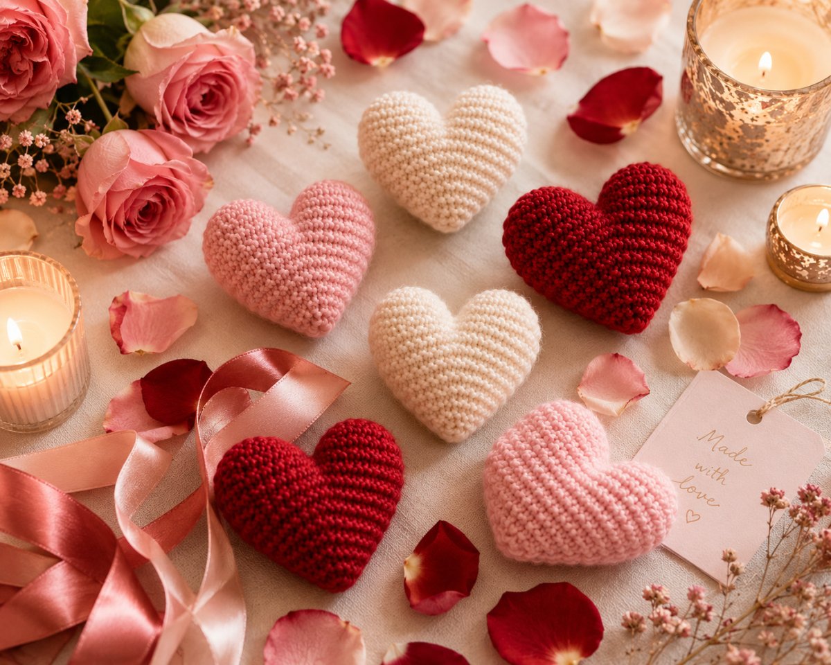 Romantic flat lay of red, blush pink and cream knitted hearts with satin ribbon, rose petals and candlelight for a Valentine knitting pattern inspiration image.
