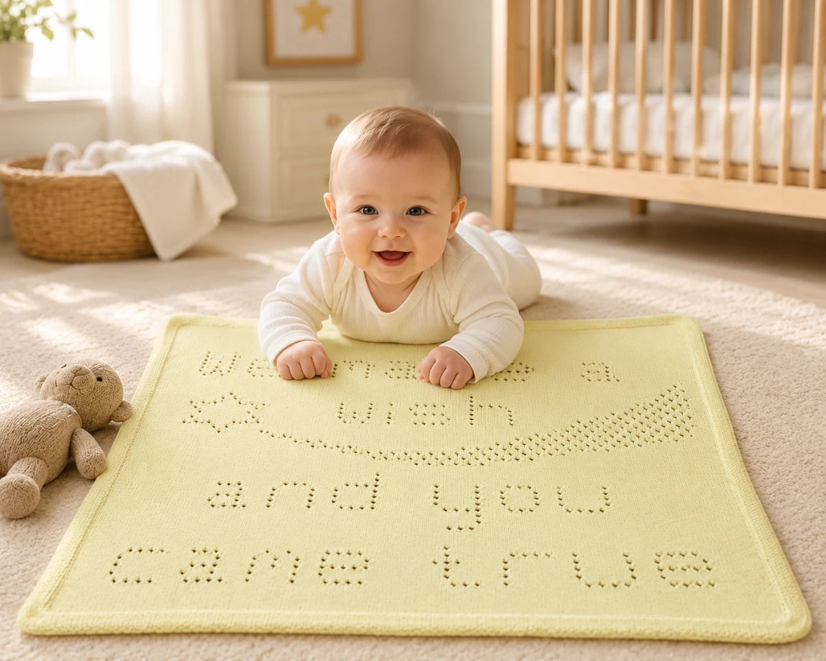 Baby enjoying tummy time on the We Made a Wish baby blanket knitting pattern in a soft nursery setting