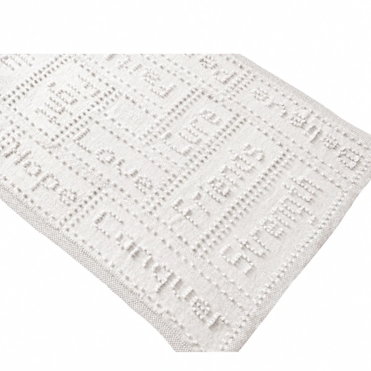 White knitted cancer support lap blanket with textured bobble stitch words and cream garter stitch border on a soft white background